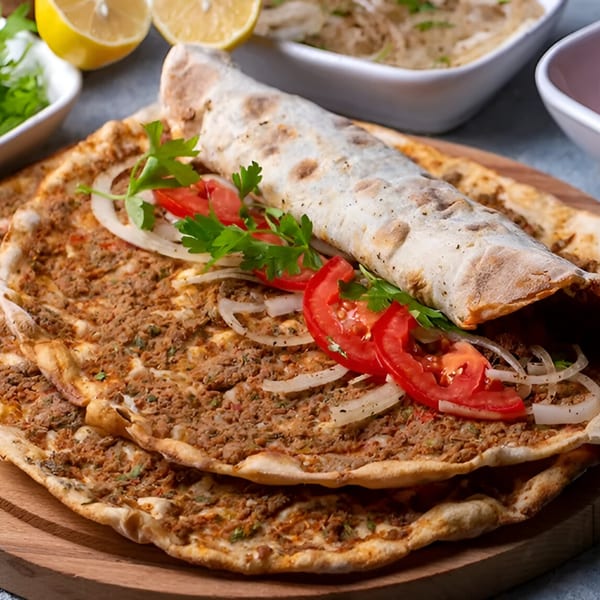 Turkish lahmacun, a flatbread topped with minced meat, tomatoes, onions, and parsley, served with lemon.